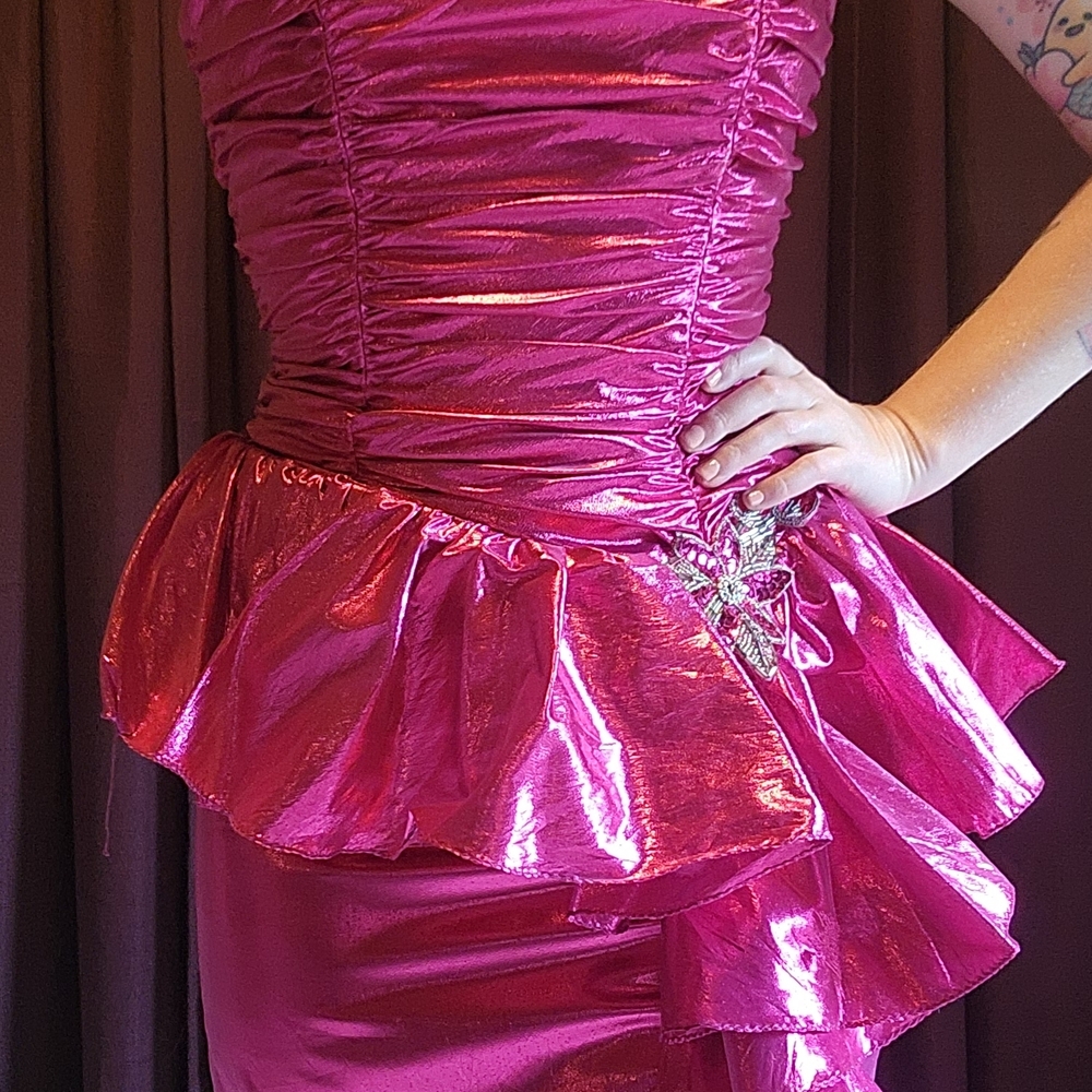 Shiny Pink Ruched Dress with Ruffle Detail